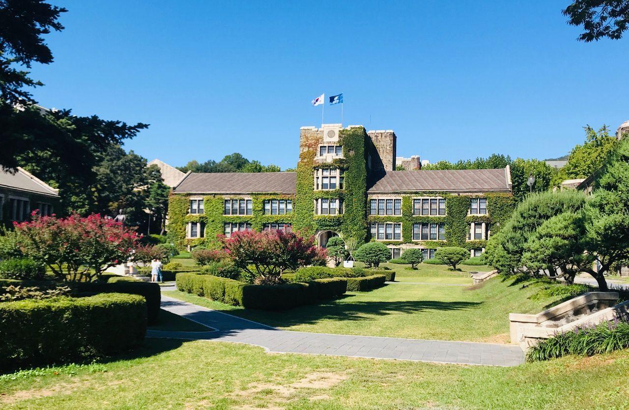 延世大学的延禧馆，因墙壁上攀爬的植物而显得独特。